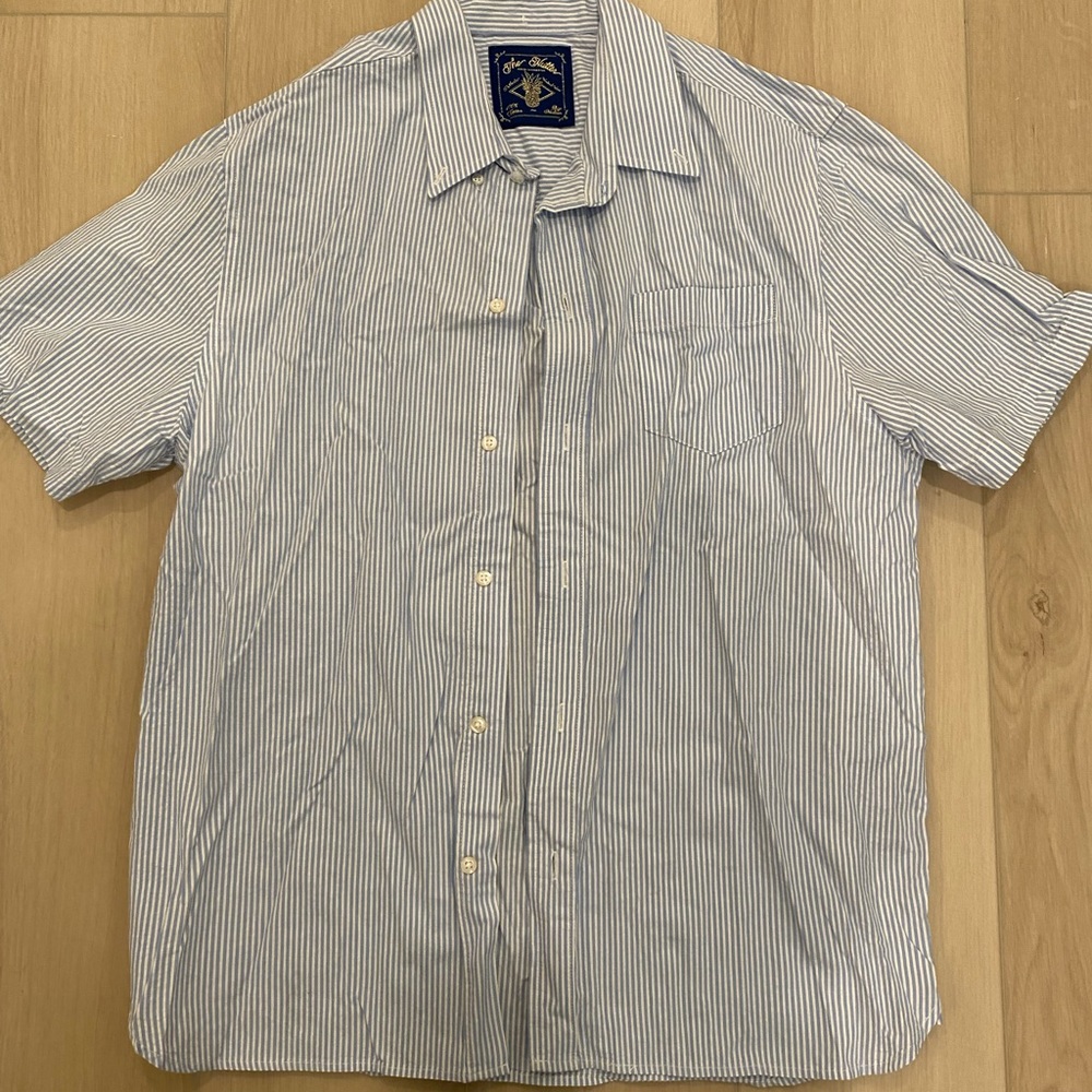 The Nutter short sleeve pinstripe button down shirt in blue and white